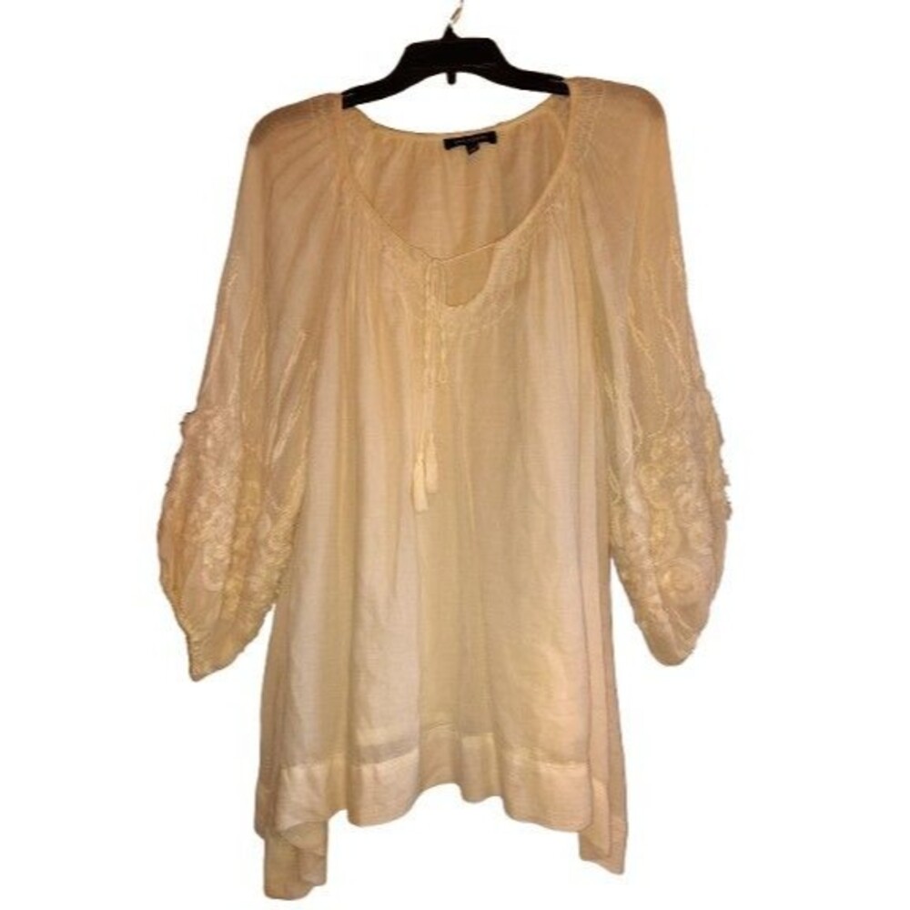 ​MAX EDITION Ivory Embroidered Peasant Blouse Large Wool Blend Boho Tunic